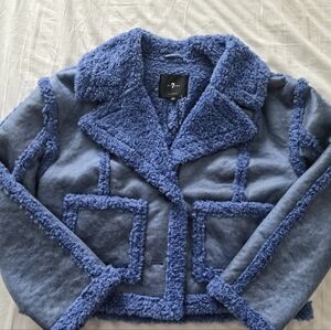 7 For All Mankind Blue Teddy Shearling-Trim Jacket